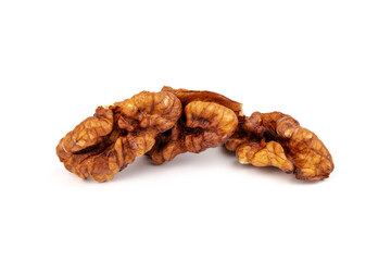 Walnut kernels isolated on white background. Space for text.