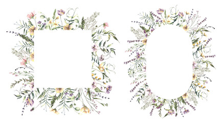 Watercolor Midsummer invitations frames with hand painted delicate leaves, pink flowers. Romantic wild flowers frames perfect for wedding greeting cards, invitation. High quality photo