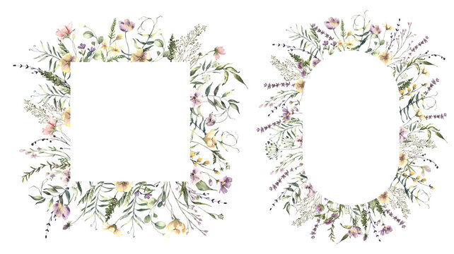 Watercolor Midsummer invitations frames with hand painted delicate leaves, pink flowers. Romantic wild flowers frames perfect for wedding greeting cards, invitation. High quality photo