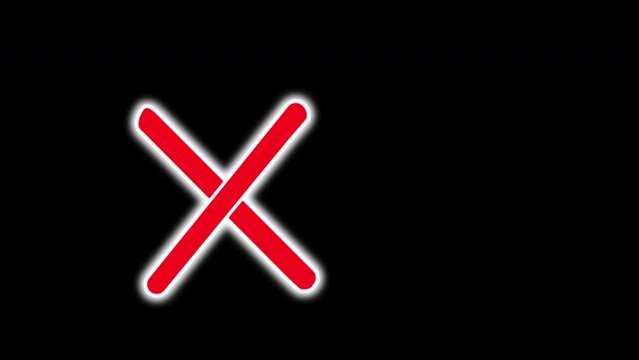 Red cross, NO sign, access denied self drawing animation. Glowing on black background. Copy space