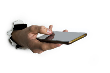 Touchscreen phone in hand on a white background.