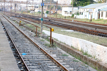 Fototapeta na wymiar Railroad tracks and Switches near a train station