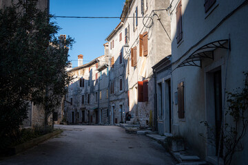 Picturesque town of Bale and its empty streets full of old houses, during winter season