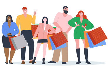 Men stand with large packages. Women shopping from boutiques. Big shopping, big shopping. Men and women of different nationalities. Flat vector illustration
