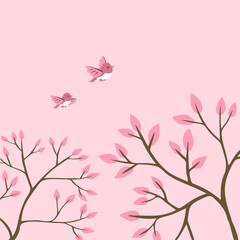 Spring tree with birds on a pink background. Beautiful nature. Decoration design for a postcard. Vector cartoon illustration background