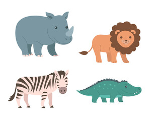 Set of wild animals of Africa on a white background. Rhinoceros, lion, zebra and crocodile. Zoo and safari. Children cartoon vector illustration