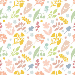 Pastel colors floral silhouette seamless pattern on white background. Vector botanical art with flowers and leaves.