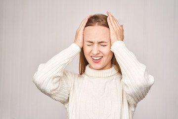 Young woman at office. Tired eyes. Female stress lifestyle. New normal education. Sad emotion....