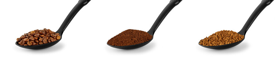 Set of different types of coffee isolated on white background. Coffee beans, ground and instant coffee in spoons.