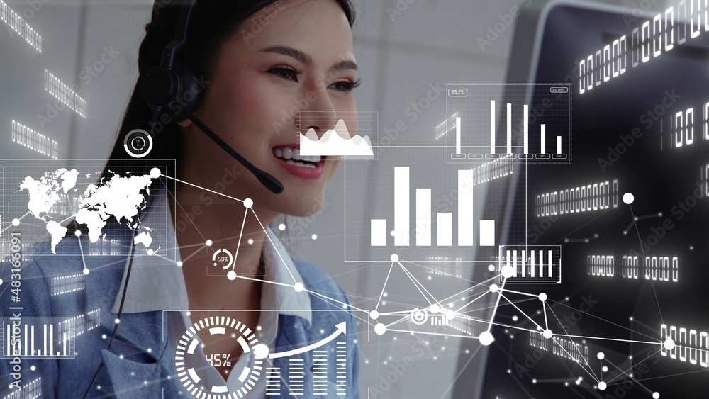 Poster customer support call center provide data in conceptual vision . business and communication technolo