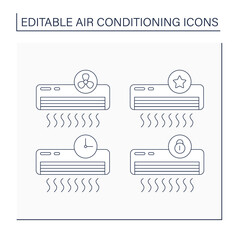 Air conditioning line icons set.Fan, sleep, timer and lock modes. Air conditioning concept. Isolated vector illustrations. Editable stroke