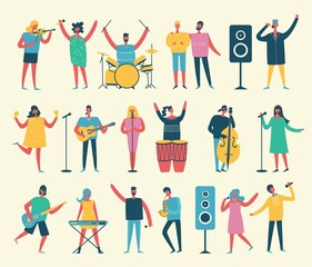 Vector background of group of singing and playing music instrument people