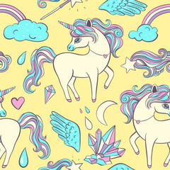 Cute seamless childish pattern with unicorns, moon, crystals. Perfect texture for fabric, wrapping paper, textile, wallpaper, apparel and other. Vector illustration EPS10