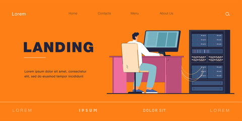 Man engineer working on computer server rack switchboard. Guy switching panel cabinet with plugged Ethernet optical cables. Telecommunications, engineering concept. Flat vector illustration.