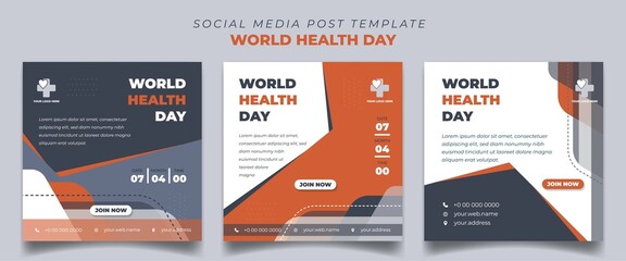 Set of Square social media post template for world health day with white, orange, and dark gray color background with simple shape design.