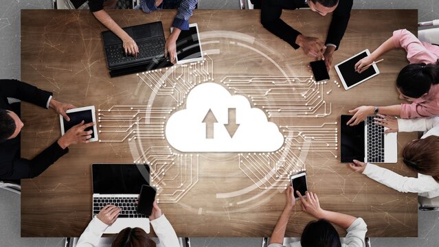 Cloud computing technology and online data storage for shrewd business network concept . Computer connects to internet server service for cloud data transfer presented in 3D futuristic graphic .