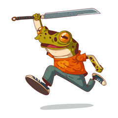 Teenage ninja frog, vector illustration. Brave humanized frog. Modern samurai. Funny excited anthropomorphic frog, running forward in a jump with a sword. An animal character with a human body. © Kyyybic