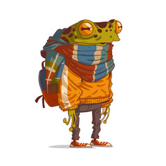 A traveler frog, vector illustration. Humanized backpacker frog ready for adventures. Calm anthropomorphic frog, with a backpack, wrapped in a large warm plaid scarf. Animal character with human body.