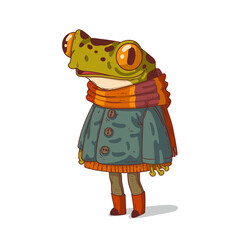 Nice hipster girl frog, isolated vector illustration. Cartoon humanized frog. Cute anthropomorphic warm dressed female frog standing still with a glad face. An animal character with a human body.