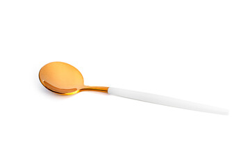 A golden spoon isolated on a white background.