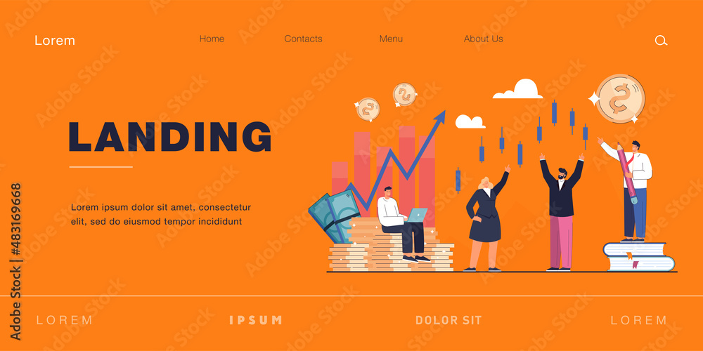 Poster trader character analyzing diagrams, growth and progress. candlestick chart of stock market, moving 