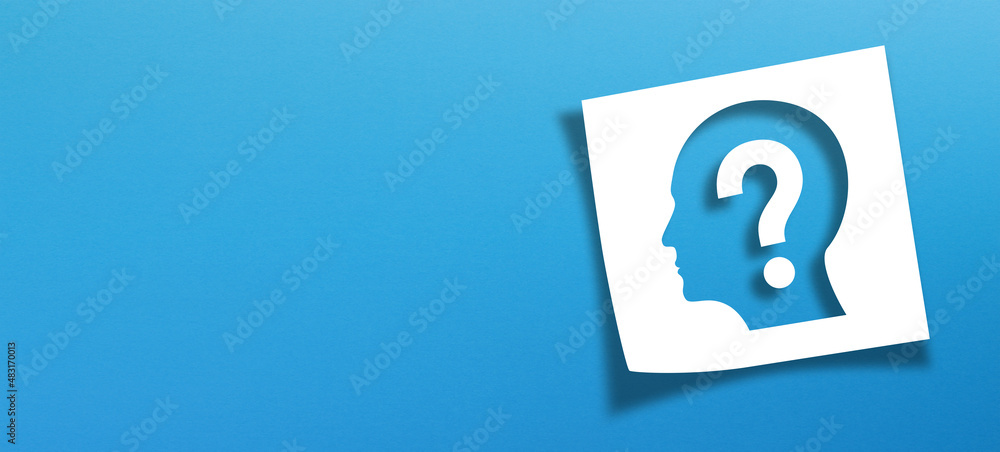 Poster brain with question mark on white note paper. mental health and problems with memory