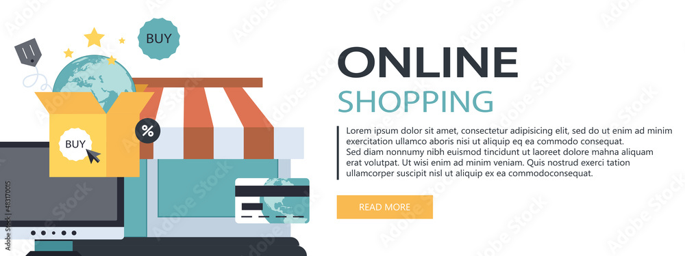 Wall mural on line shopping and payment methods. mobile payments. pay per click and online order. flat vector i