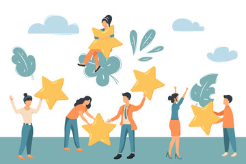 Concept of feedback, testimonials messages and notifications. Rating on customer service illustration. Five big stars with people. Flat vector