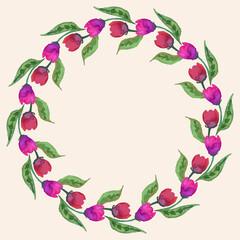 Decorative wreath from watercolor pink tulips with green leaves