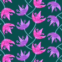 Seamless pattern of watercolor drawings abstract decorative pink and lilac flowers