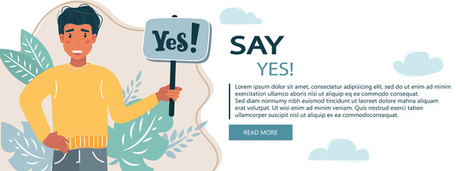 Say Yes business concept. Cartoon vector illustration of a man with yes word on dark background. Accept concept. Happy business man saying yes. Flat vector illustration	
