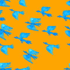 Fototapeta premium Seamless pattern of waterolor drawings of abstract blue flying birds
