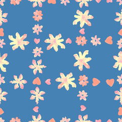 Seamless checkered background of watercolor drawings yellow and pink daisies and heart shapes