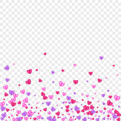 Fond Confetti Background Transparent Vector. Shape Pattern Heart. Pink February Backdrop. Tender Heart Random Texture. Violet Day Frame.