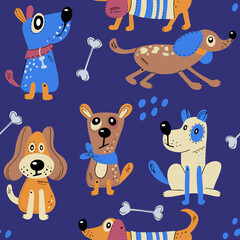 Seamless pattern with cute dogs. Vector print with cartoon abstract animals in Scandinavian style for children's textiles, fabric, wrapping paper and wallpaper