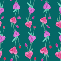 Seamless decorative background of abstract watercolor pink and red flowers with heart shapes in rows