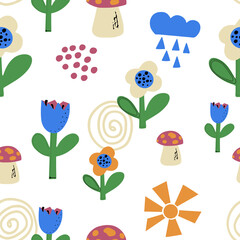 Seamless natural pattern of flowers in a simple shape. Abstract natural elements. Vector print for paper, wallpaper and textile design