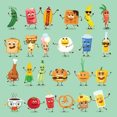 Cute funny food and drink characters set, best friends, funny fast food menu vector Illustrations. Flat vector illustration use for web page, card, poster, banner.