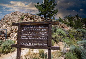 A view point sign for the Seminoe dam and reservoir on the North Platte river near Fort Steele, Wyoming