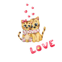 Watercolor cats in a scarf with hearts with text Love, illustration for Valentine's Day. Isolated on white background. Use for card, postcard, poster