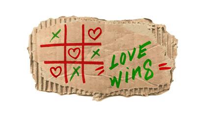 happy Valentines day banner with Tic-tac-toe game on Corrugated fiberboard background with pencil hearts. Valentines day illustration noughts and crosses game drawn love wins cardboard and flat paper