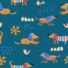 Seamless pattern with cute dogs. Vector print with cartoon abstract animals in Scandinavian style for children's textiles, fabric, wrapping paper and wallpaper