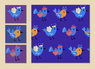 Seamless pattern of cute cartoon birds with abstract elements for postcards and prints. Vector print for paper, wallpaper and home textile design
