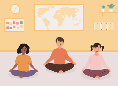 Primary Or Elementary School Kids Doing Yoga In Classroom. Smiling Children Sitting With Cross Legs Meditating. Preschool Activities, Early Childhood Education Concept. Alternative School. Vector.