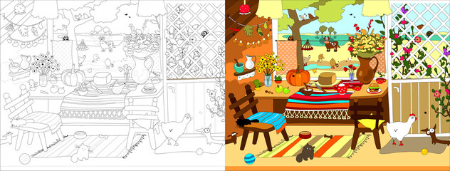 Cozy house series. Vector illustration for a coloring book.