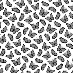Obraz na płótnie Canvas Butterfly seamless pattern with radial halftone wings for fabric design. Fashion style black butterfly shapes for print gift paper, greeting cards and decoration. Side view vector decor elements