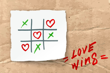 happy Valentines day banner with Tic-tac-toe game on Corrugated fiberboard background with pencil hearts. Valentines day illustration noughts and crosses game drawn love wins cardboard and flat paper