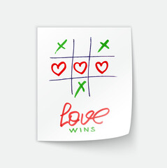 happy Valentines day banner with Tic-tac-toe game on Corrugated fiberboard background with pencil hearts. Valentines day illustration noughts and crosses game drawn love wins cardboard and flat paper