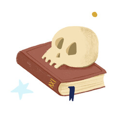 Cute skull on book on white isolated background. Vector illustration