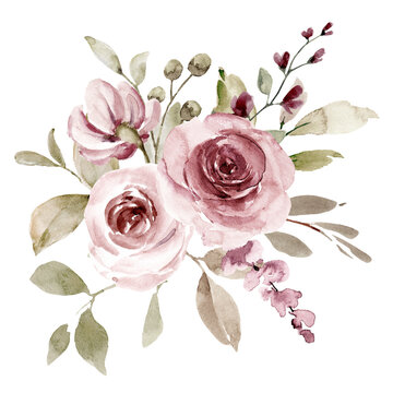 Flowers watercolor painting, pink roses bouquet for greeting card, invitation, poster, wedding decoration and other printing images. Digital illustration isolated on white.
